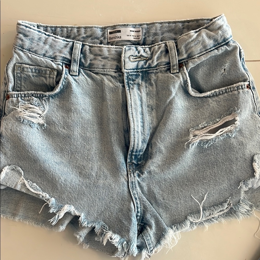 Bershka Faded Blue Ripped Jean Shorts